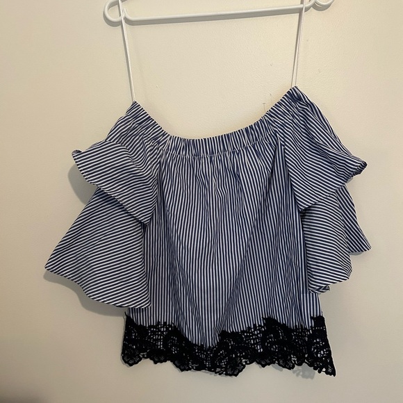 Zara Striped Off-Shoulder Top with Lace Trim - Picture 1 of 4